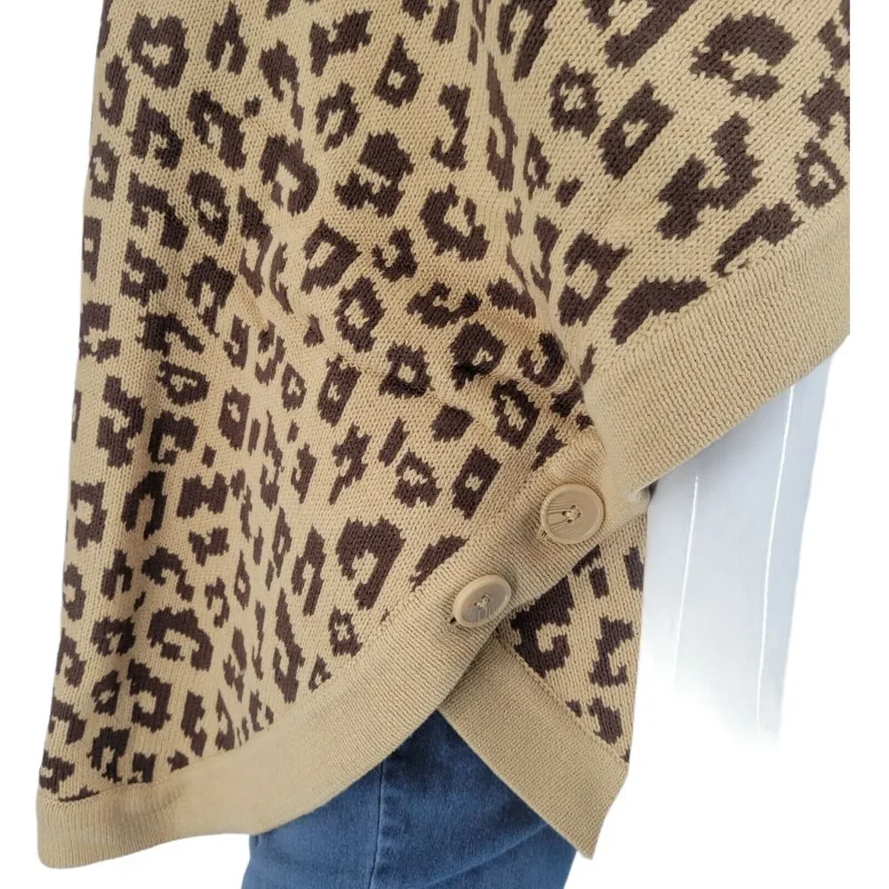 Denim Co Womens Poncho Buttoned Sweater Medium Size Beige Brown Animal Print - Picture 7 of 10